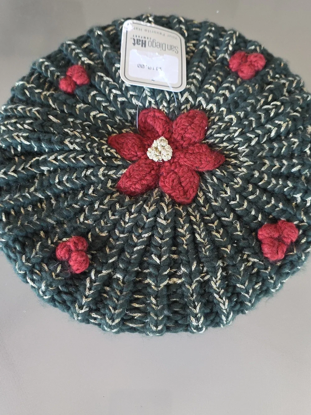San Diego Hat‎ Company Olive Green Beret with Red Flower Accents One Size